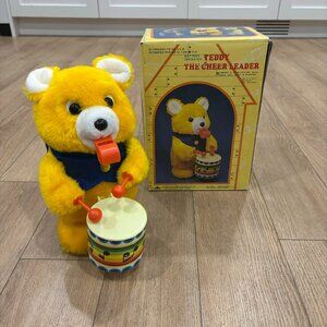 Vintage Teddy the Cheerleader Bear with Box 1980s NOT working for Parts/Repair